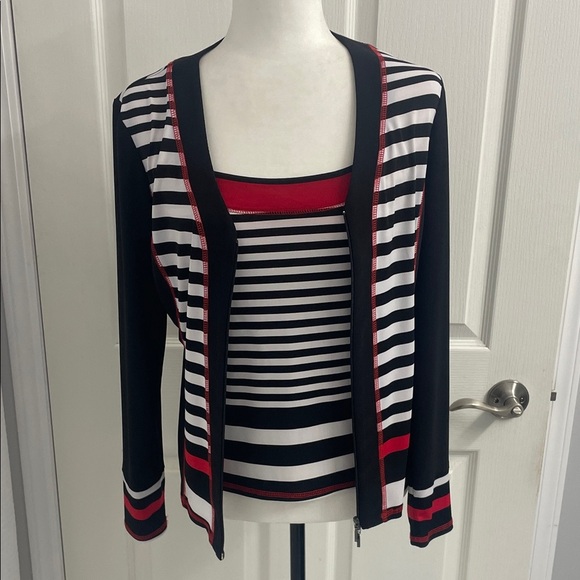 Striped Black and Red Twin Set Cami & Jacket Top 2 Way Zipper Long sleeve Size S - Picture 1 of 16